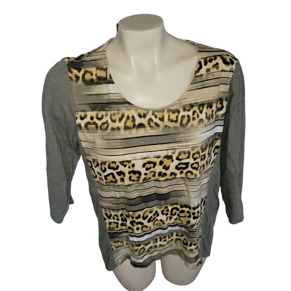 Chicos Womens Leopard & Striped Print Long Sleeve Top‎ Size 2 Cotton/Modal - Picture 1 of 6